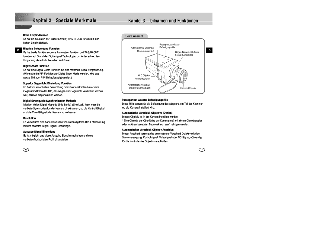 Samsung SCC-B2007P Kapitel 2 Speziale Merkmale, Kapitel 3 Teilnamen und Funktionen, Seite Ansicht, Hohe Empfindlichkeit 