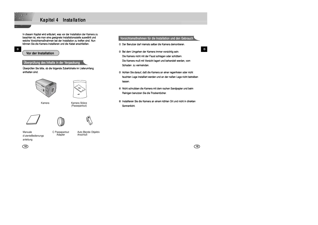 Samsung SCC-B2003P, SCC-B2307P Kapitel 4 Installation, Vor der Installation, Überprüfung des Inhalts in der Verpackung 
