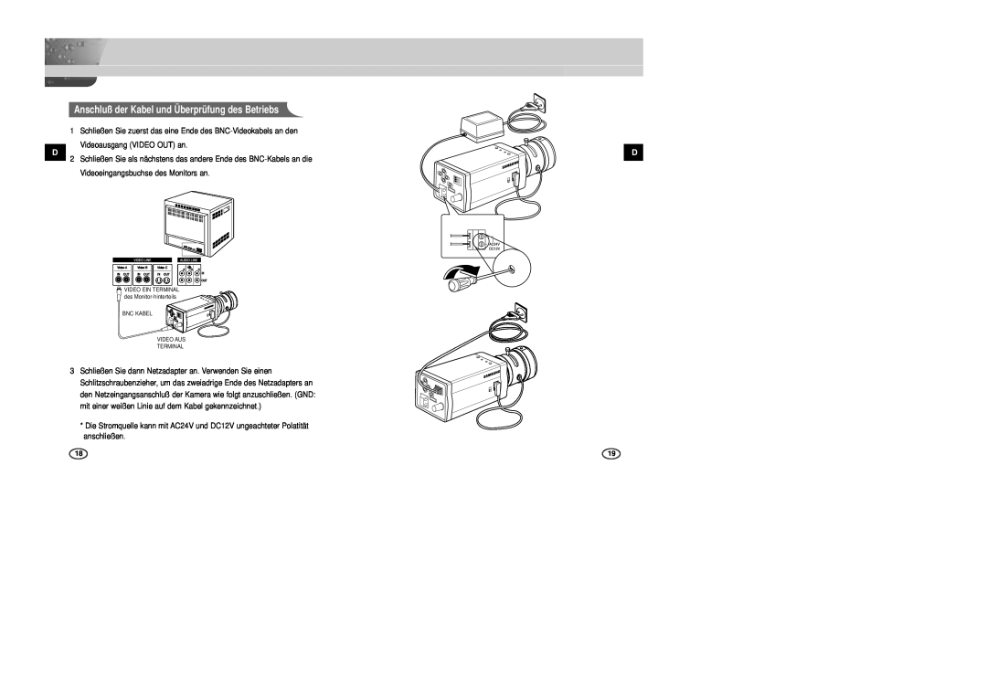 Samsung SCC-B2307P, SCC-B2003P, SCC-B2007P, SCC-B2303P manual Anschluß der Kabel und Überprüfung des Betriebs 