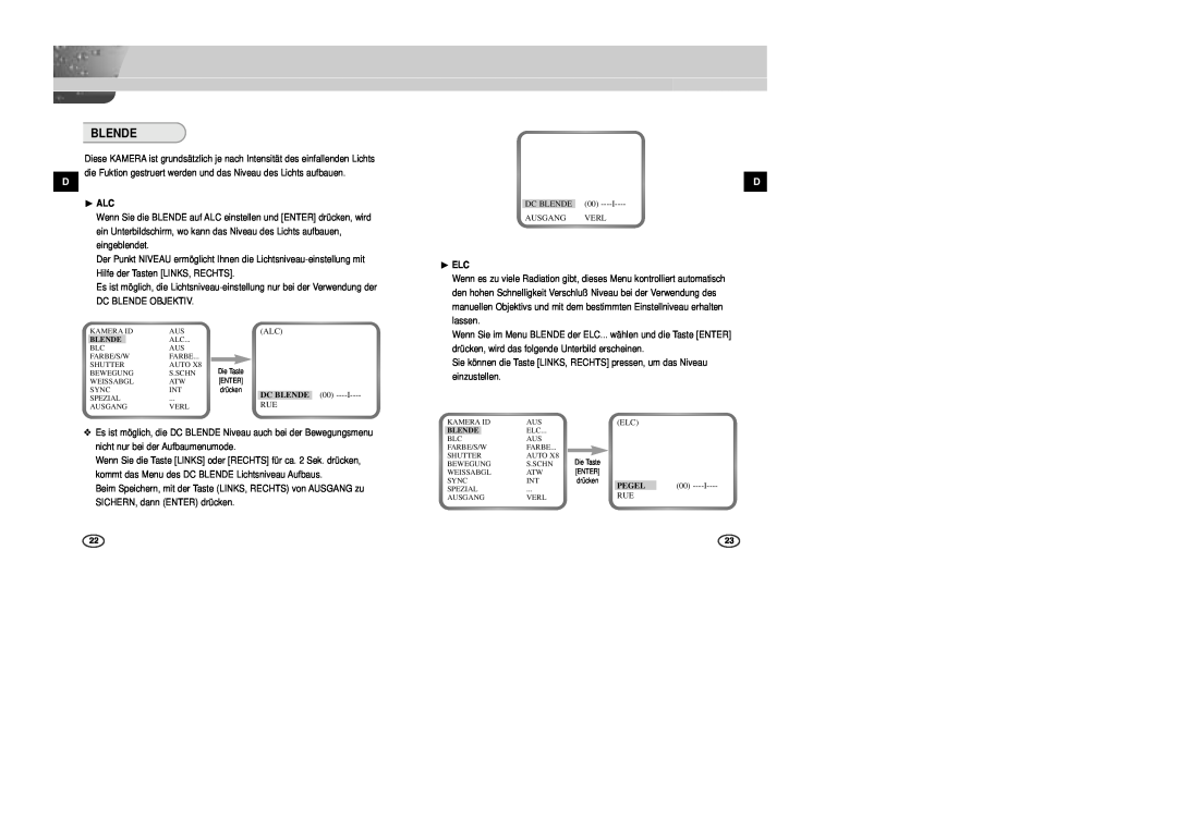 Samsung SCC-B2007P, SCC-B2307P, SCC-B2003P, SCC-B2303P manual ❿ ALC, Dc Blende, DC BLENDE 00 AUSGANG VERL, ❿ ELC, Pegel 