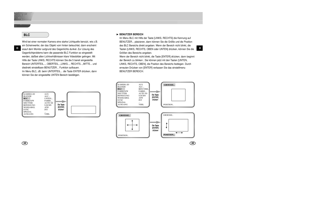 Samsung SCC-B2303P manual ❿ BENUTZER BEREICH, des BLC Bereichs direkt angeben. Wenn der Bereich nicht blinkt, die, Groesse 