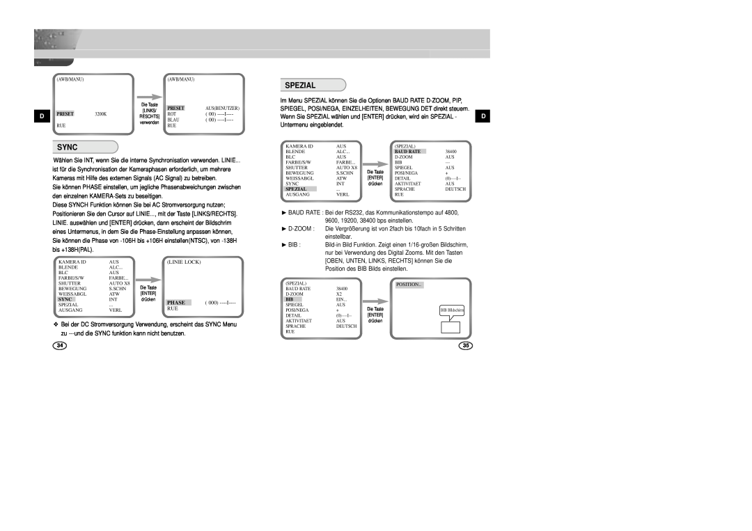 Samsung SCC-B2307P, SCC-B2003P, SCC-B2007P, SCC-B2303P manual Spezial, Sync, Linie Lock, Phase, Baud Rate 