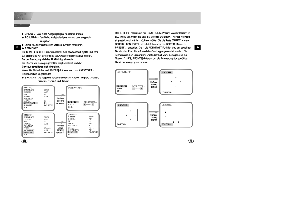 Samsung SCC-B2003P manual ausgeben, ❿AKTIVITAET, Tasten, Bereichs-bewegung aufzubauen, Bewegungsmelderbereich einstellen 