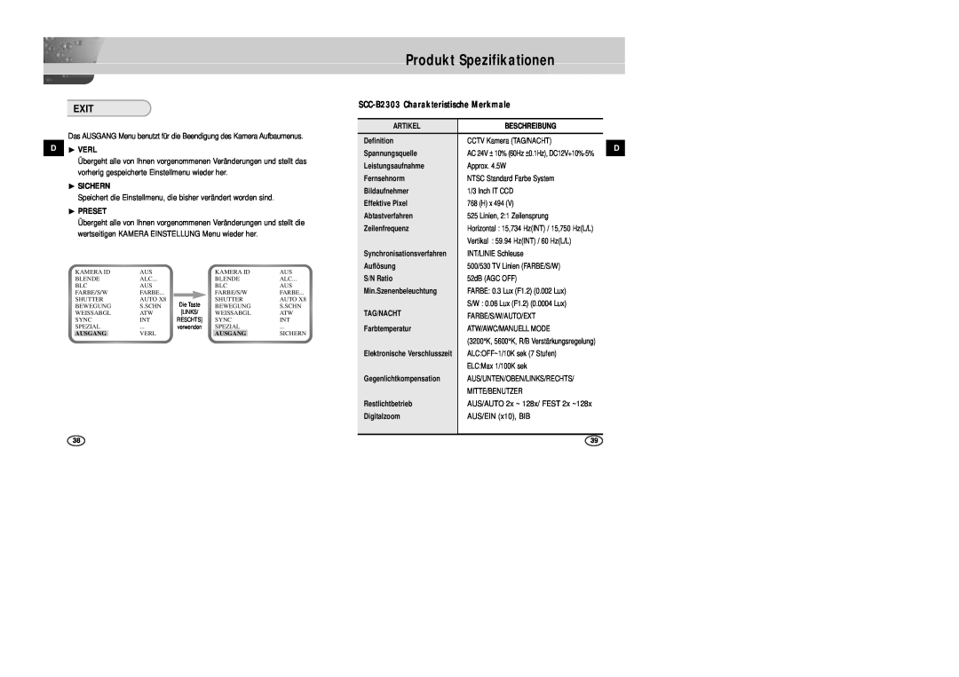 Samsung SCC-B2007P, SCC-B2307P, SCC-B2003P, SCC-B2303P Produkt Spezifikationen, Exit, D ❿ VERL, ❿ SICHERN, ❿ PRESET, Ausgang 