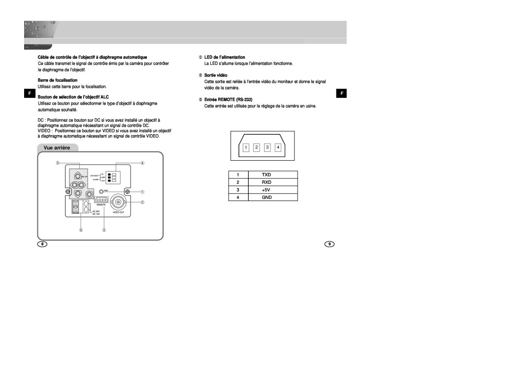 Samsung SCC-B2003P manual Vue arrière, TXD 2 RXD 3 +5V 4 GND, Câble de contrôle de l’objectif à diaphragme automatique 