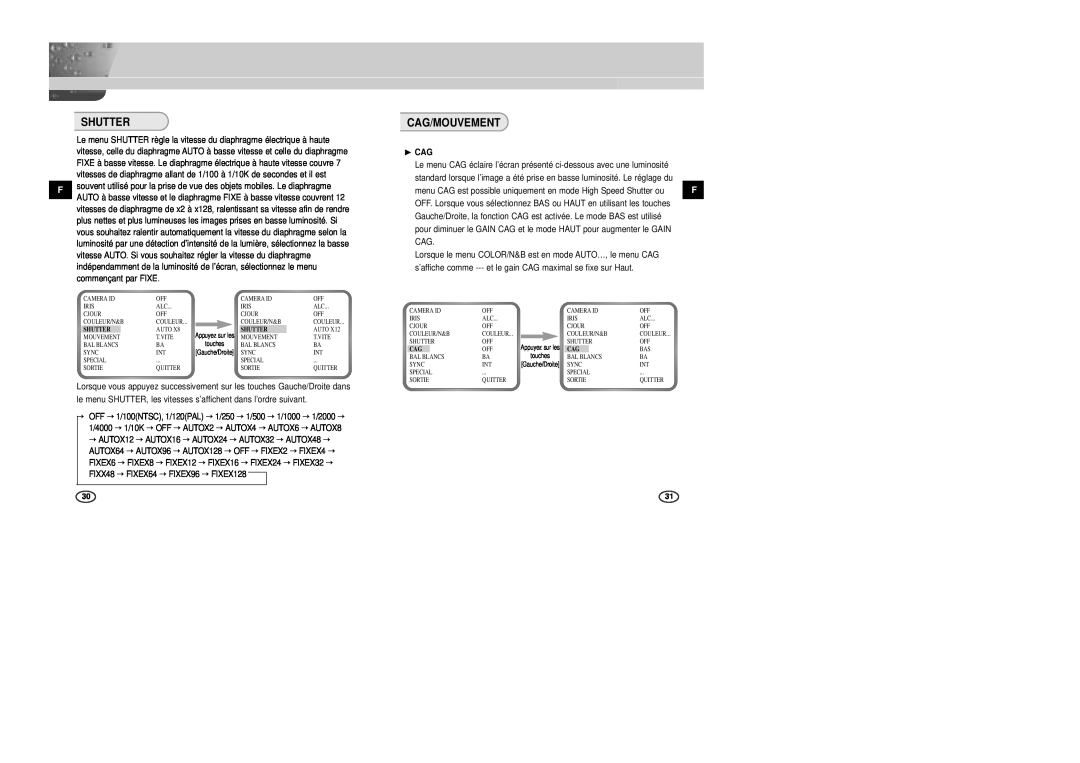 Samsung SCC-B2307P, SCC-B2003P, SCC-B2007P, SCC-B2303P manual Cag/Mouvement, Shutter, ❿ CAG, Couleur 