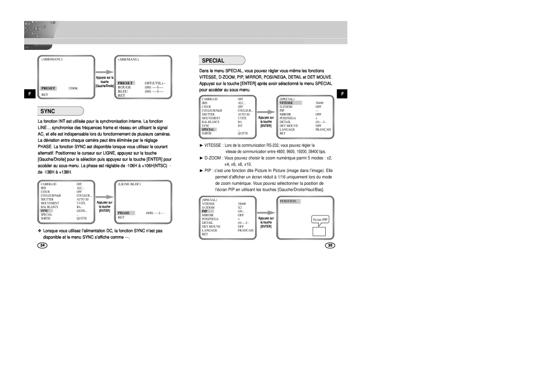 Samsung SCC-B2007P, SCC-B2307P, SCC-B2003P, SCC-B2303P manual Sync, Special, Preset, Rouge, Bleu, Phase, Vitesse 