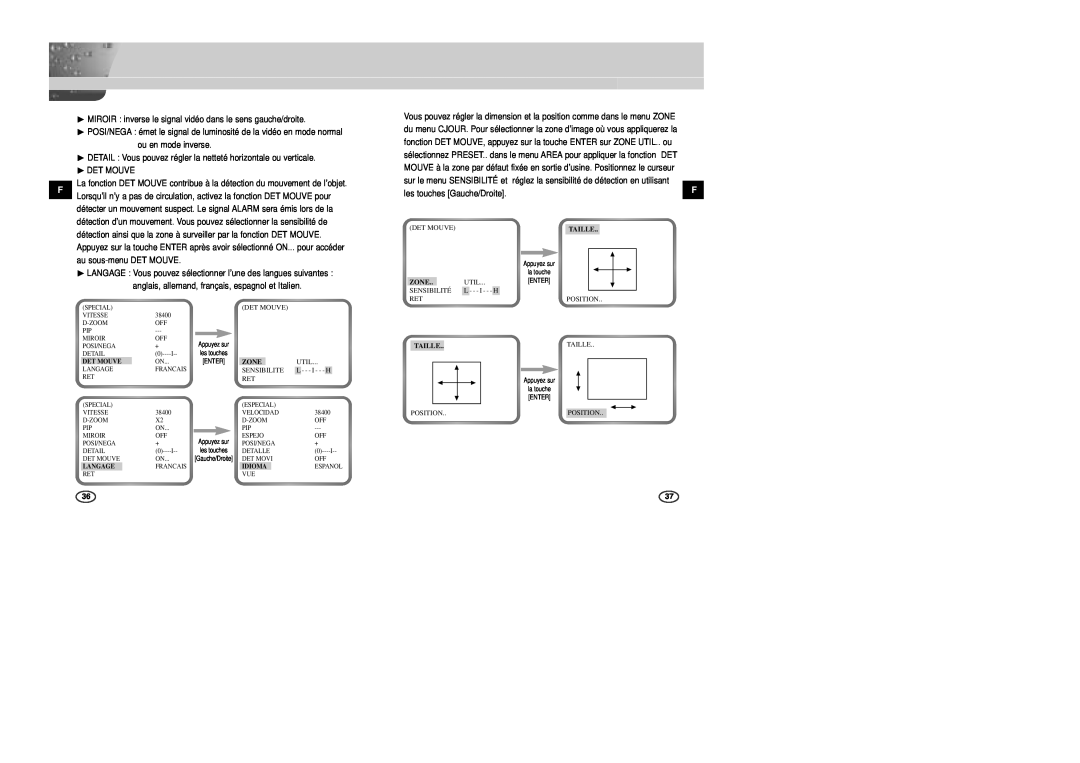 Samsung SCC-B2303P, SCC-B2307P, SCC-B2003P, SCC-B2007P manual Taille, Det Mouve, Zone, Langage, Idioma 