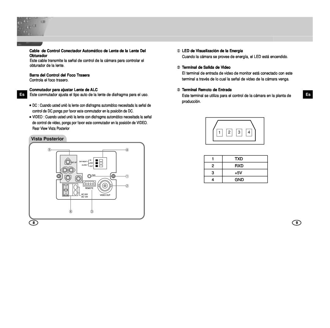 Samsung SCC-B2303P, SCC-B2307P manual Vista Posterior, 1 2 3 1 TXD 2 RXD 3 +5V 4 GND, Barra del Control del Foco Trasera 