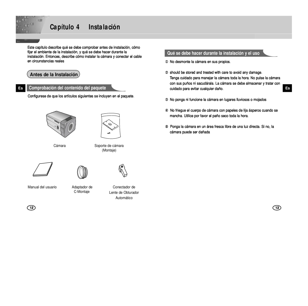 Samsung SCC-B2003P, SCC-B2307P Capítulo 4 Instalación, Antes de la Instalación, Es Comprobación del contenido del paquete 