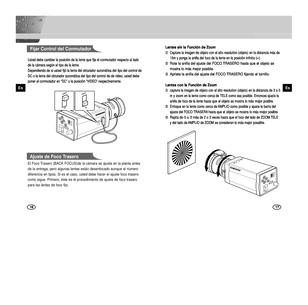 Samsung SCC-B2303P, SCC-B2307P manual Fijar Control del Conmutador, Ajuste de Foco Trasero, Lentes sin la Función de Zoom 