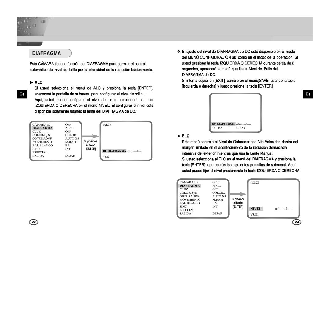 Samsung SCC-B2007P, SCC-B2307P, SCC-B2003P, SCC-B2303P manual ❿ ALC, ❿ ELC, Nivel, Dc Diafragma 