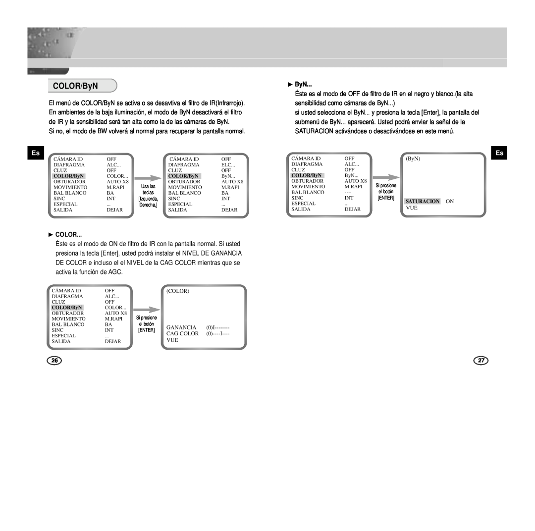 Samsung SCC-B2307P, SCC-B2003P, SCC-B2007P, SCC-B2303P manual COLOR/ByN, ❿ ByN, ❿ COLOR 