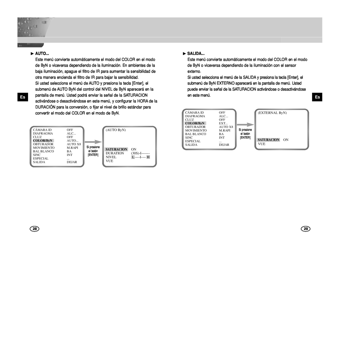 Samsung SCC-B2003P manual ❿ AUTO, Si usted selecciona el menú de AUTO y presiona la tecla Enter, el, ❿ SALIDA, en este menú 