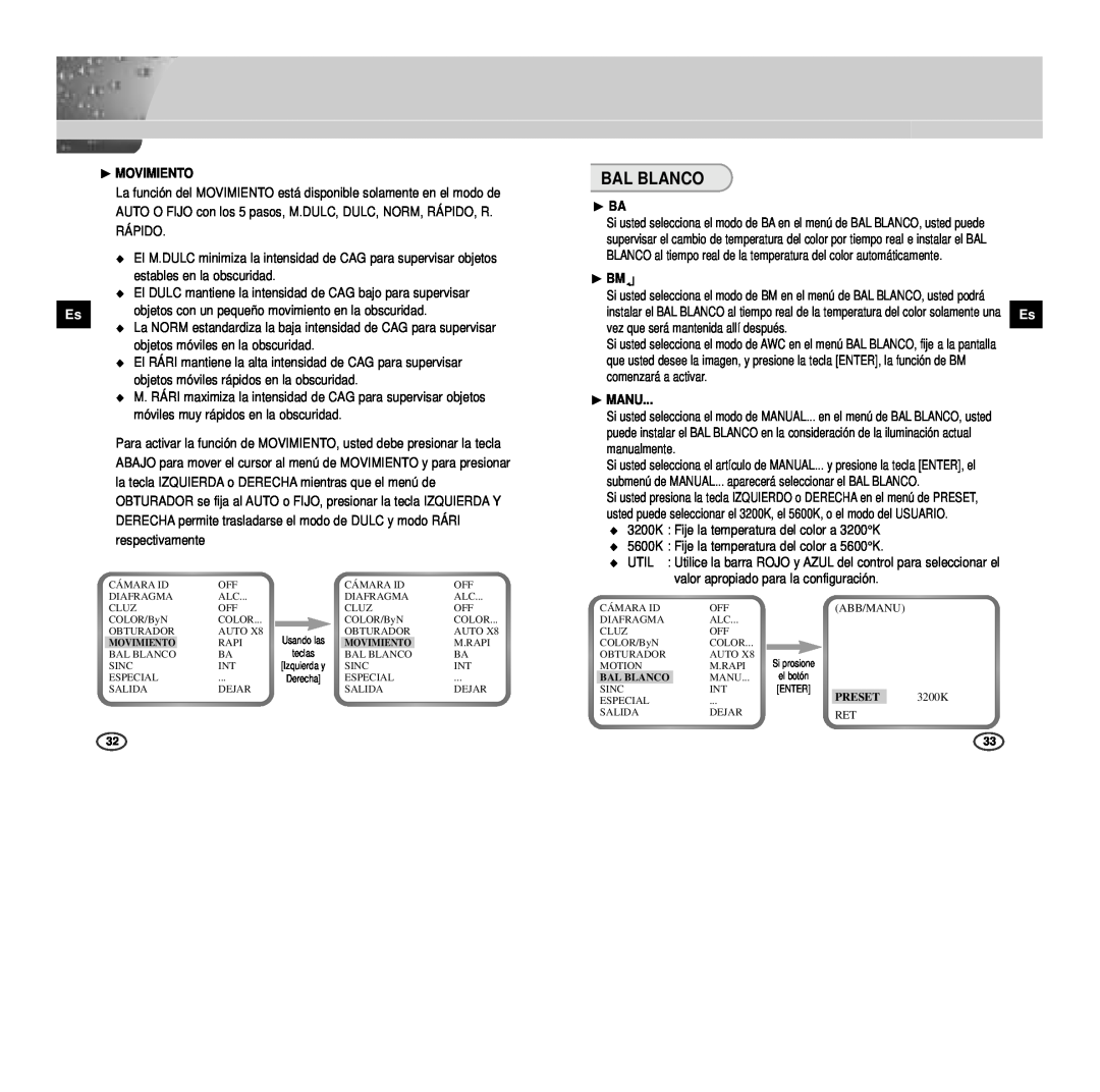 Samsung SCC-B2303P, SCC-B2307P, SCC-B2003P, SCC-B2007P manual Bal Blanco, ❿ MOVIMIENTO, ❿ BA, ❿ BM, ❿ MANU, Preset 