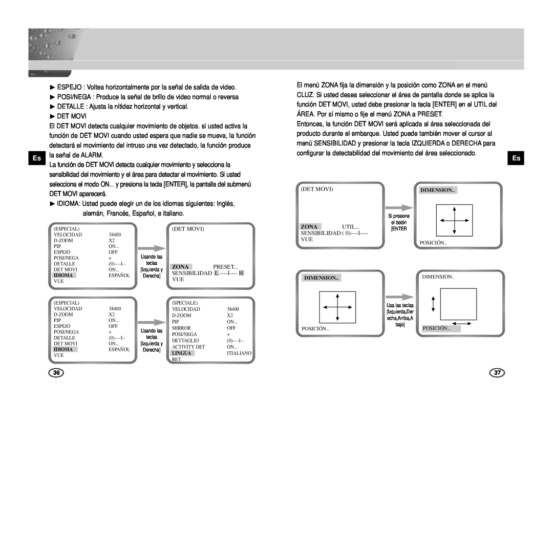 Samsung SCC-B2003P, SCC-B2307P manual Det Movi, Zona, Preset, Sensibilidad L ----I---- H, Idioma, Dimension, Lingua 