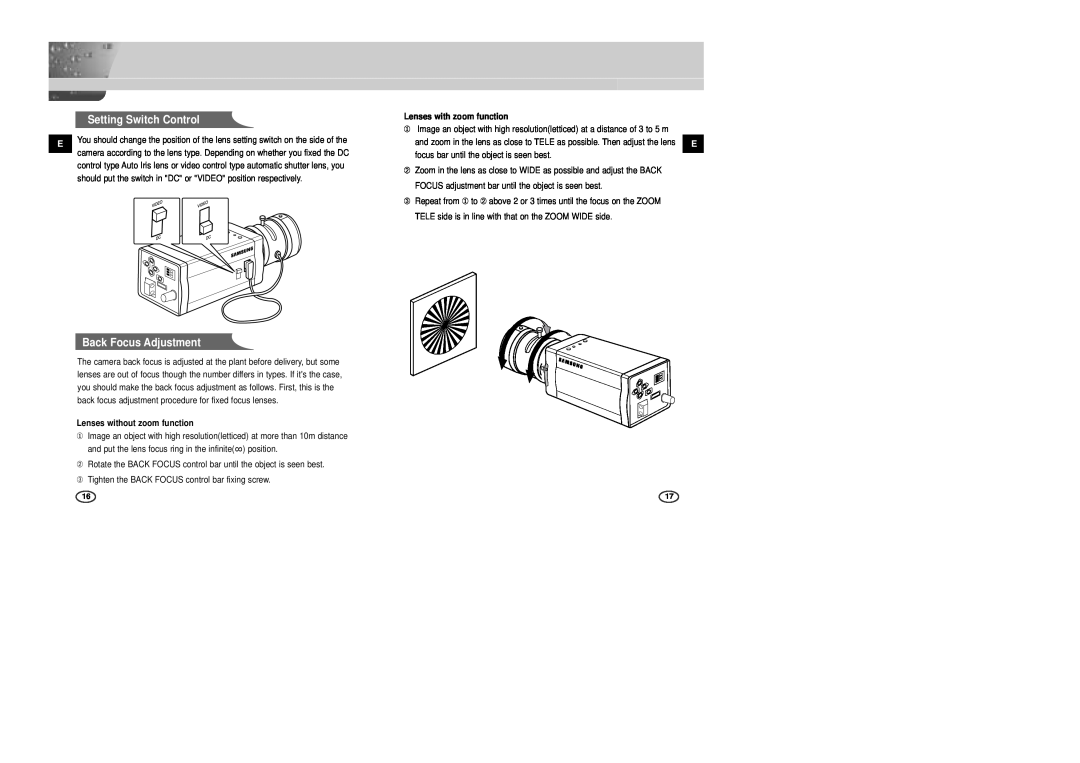 Samsung SCC-B2003P Setting Switch Control, Back Focus Adjustment, Lenses without zoom function, Lenses with zoom function 