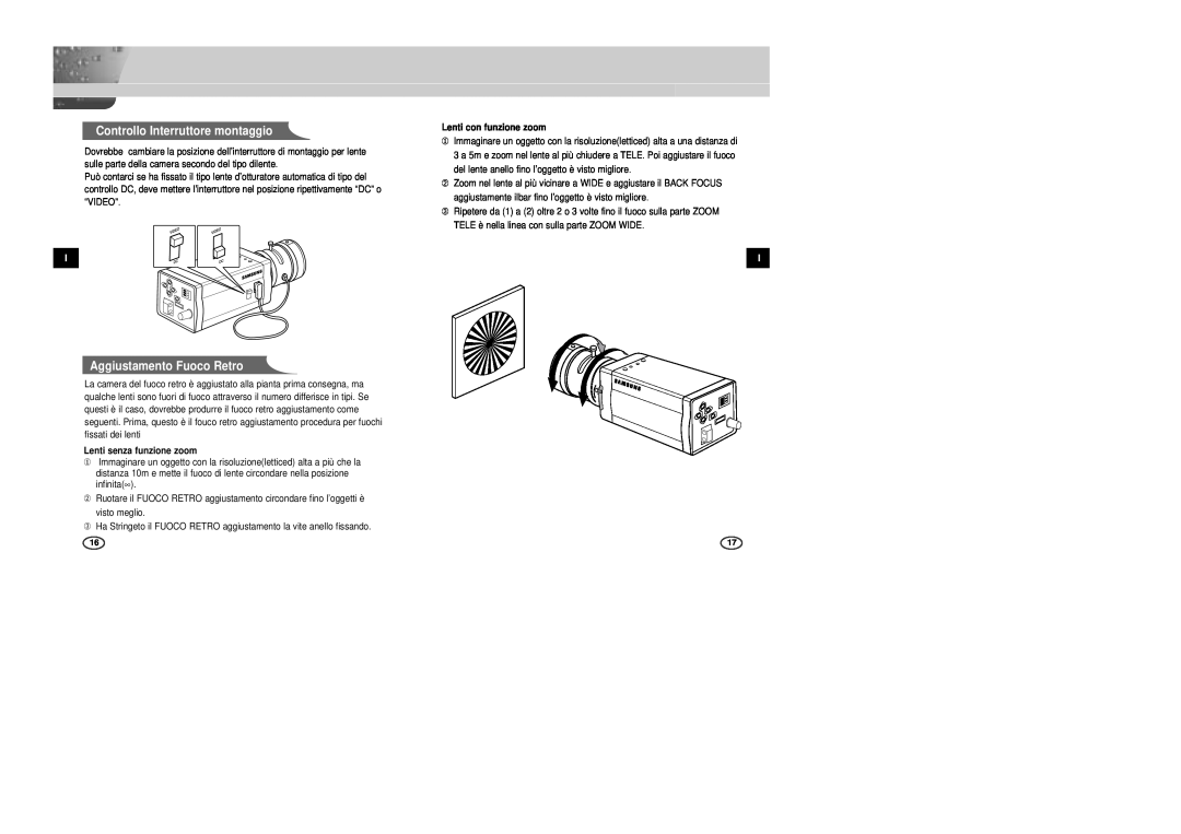 Samsung SCC-B2003P, SCC-B2307P manual Controllo Interruttore montaggio, Aggiustamento Fuoco Retro, Lenti con funzione zoom 