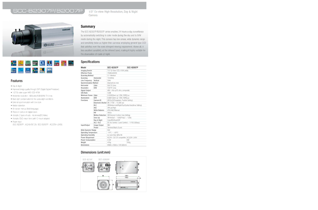 Samsung dimensions Summary, Features, Specifications, Dimensions unitmm, Model SCC-B2307P SCC-B2007P 