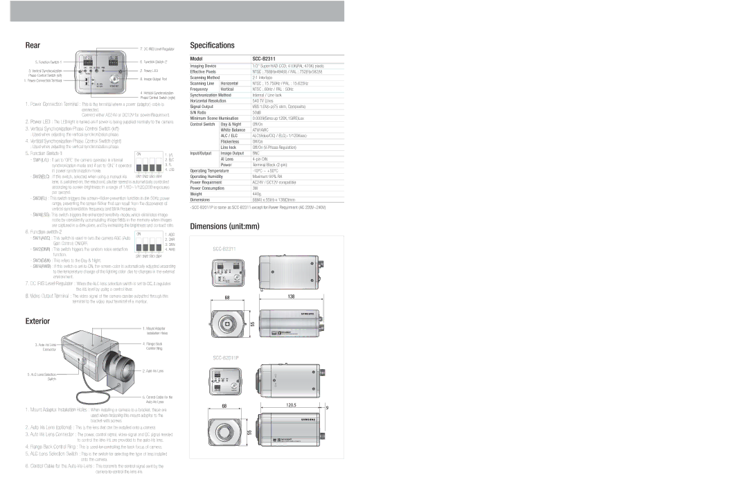 Samsung SCC-B2311 dimensions Specifications, Dimensions unitmm, Exterior, Rear 