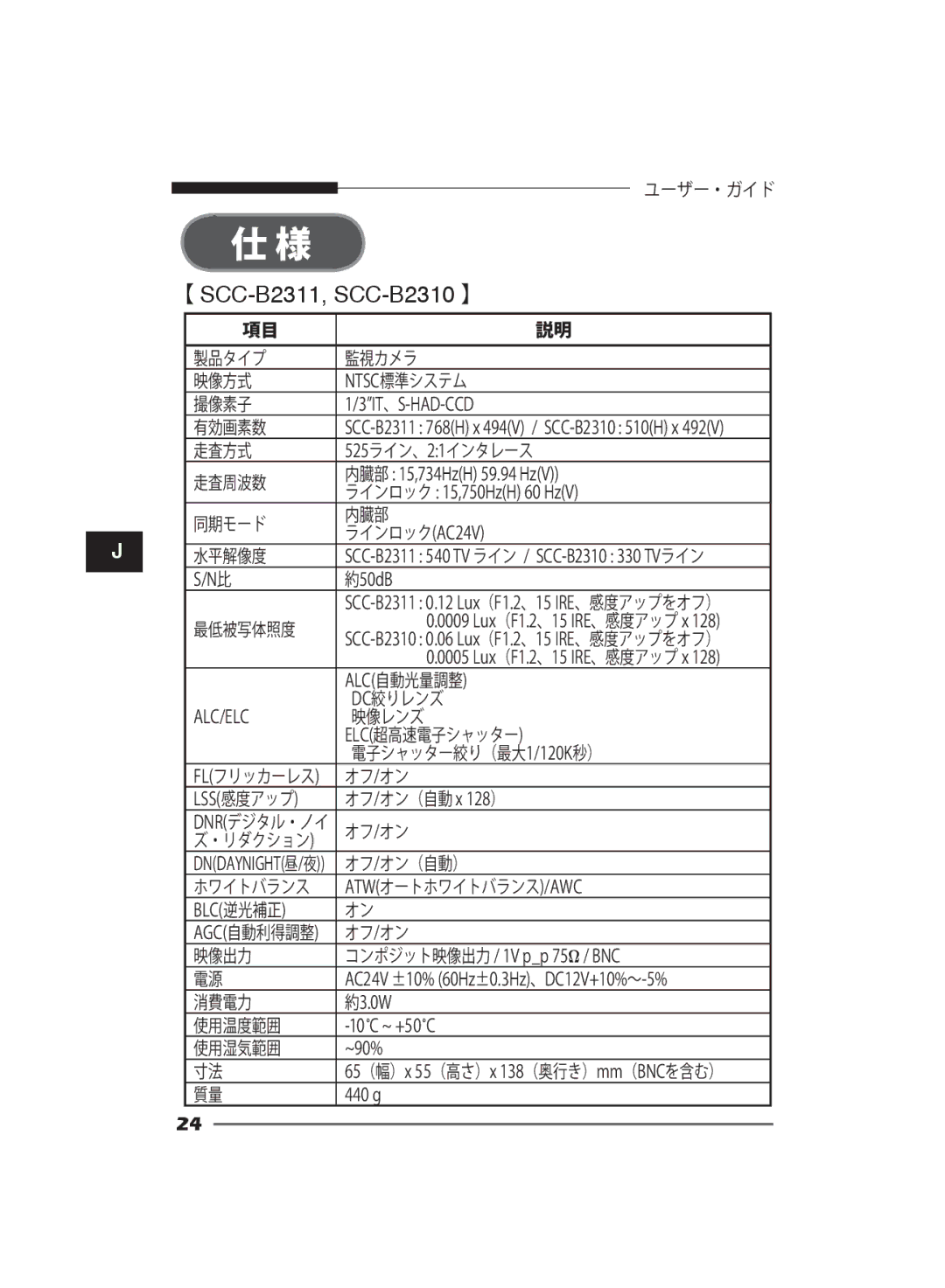 Samsung SCC-B2311P/TRK, SCC-B2311N, SCC-B2011P/TRK manual 製品タイプ 監視カメラ 映像方式 Ntsc標準システム 撮像素子 