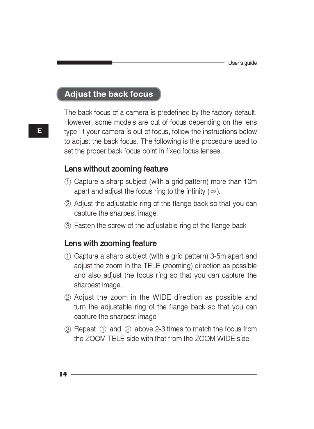 Samsung SCC-B2011P/TRK, SCC-B2311N, SCC-B2311P/TRK manual Adjust the back focus, Lens without zooming feature 