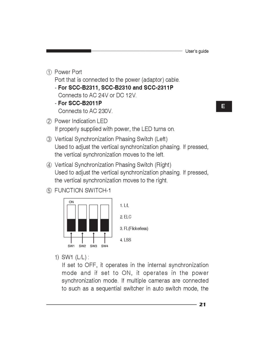 Samsung SCC-B2311N, SCC-B2311P/TRK, SCC-B2011P/TRK manual ① Power Port, SW1 L/L 