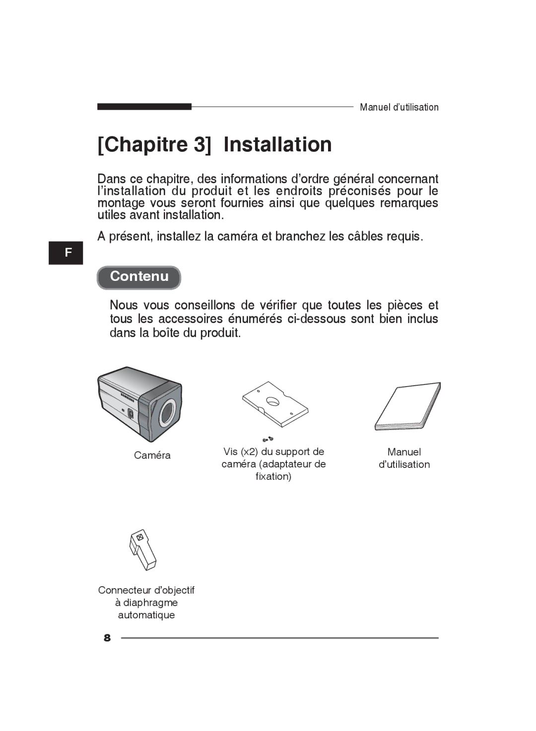 Samsung SCC-B2311N, SCC-B2311P/TRK, SCC-B2011P/TRK manual Chapitre 3 Installation, Contenu 