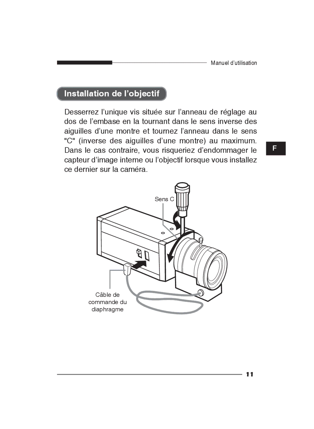 Samsung SCC-B2311P/TRK, SCC-B2311N, SCC-B2011P/TRK manual Installation de l’objectif 