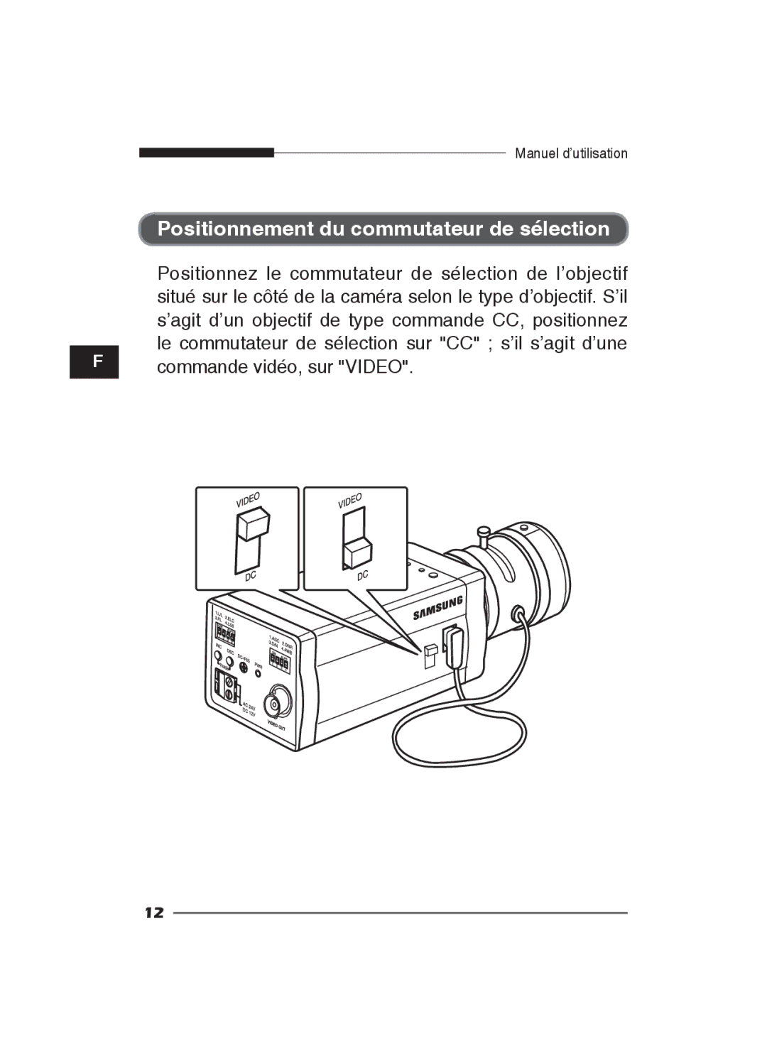 Samsung SCC-B2011P/TRK, SCC-B2311P, SCC-B2311N manual Positionnement du commutateur de sélection, Commande vidéo, sur Video 