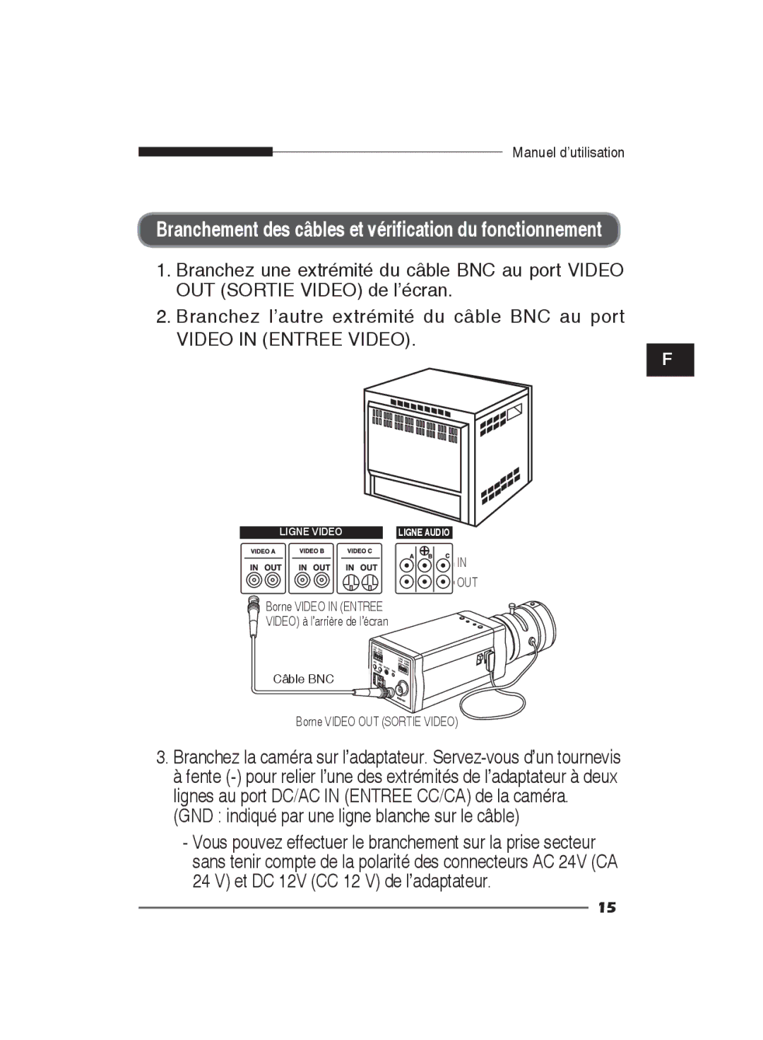 Samsung SCC-B2311N, SCC-B2311P/TRK, SCC-B2011P/TRK manual Branchement des câbles et vérification du fonctionnement 