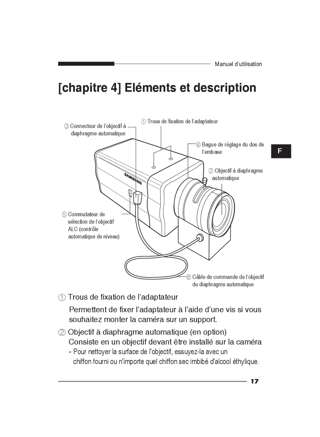 Samsung SCC-B2011P/TRK, SCC-B2311N, SCC-B2311P/TRK manual Chapitre 4 Eléments et description 