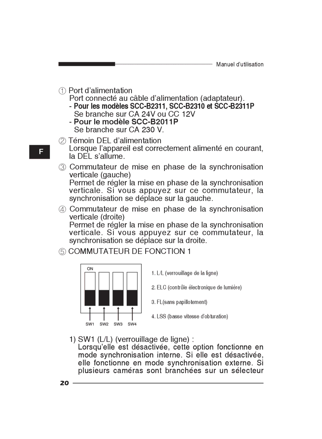 Samsung SCC-B2311N, SCC-B2311P/TRK, SCC-B2011P/TRK manual ⑤ Commutateur DE Fonction, SW1 L/L verrouillage de ligne 