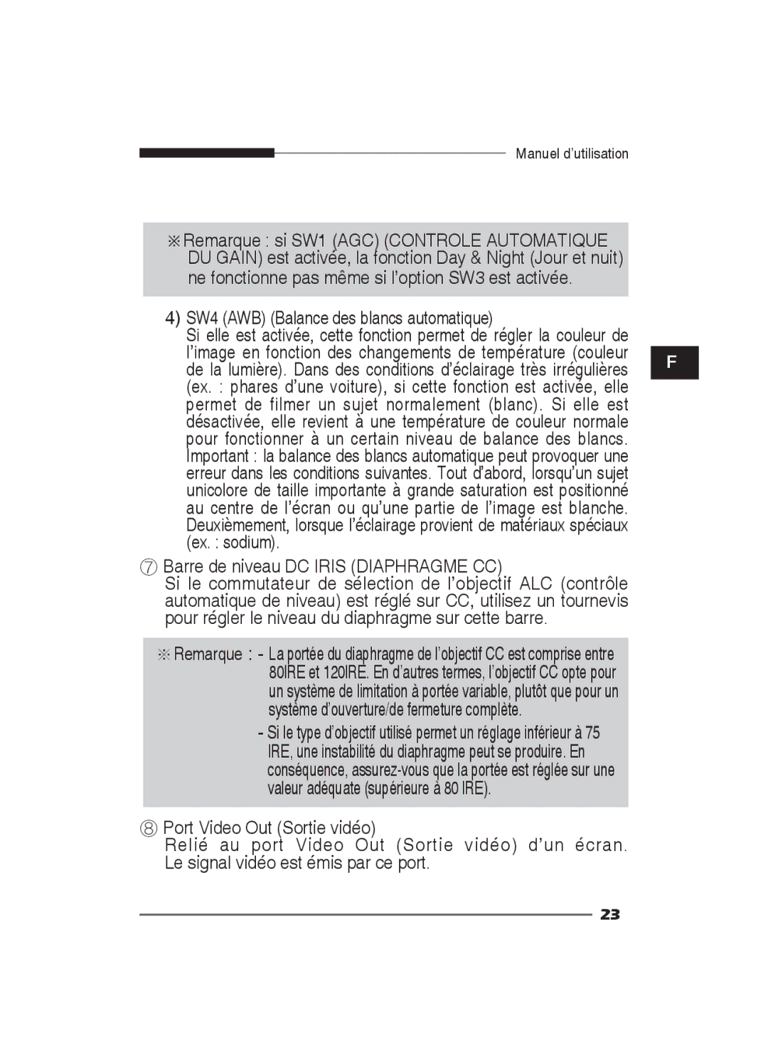 Samsung SCC-B2311P, SCC-B2011P SW4 AWB Balance des blancs automatique, Ex. sodium ⑦ Barre de niveau DC Iris Diaphragme CC 