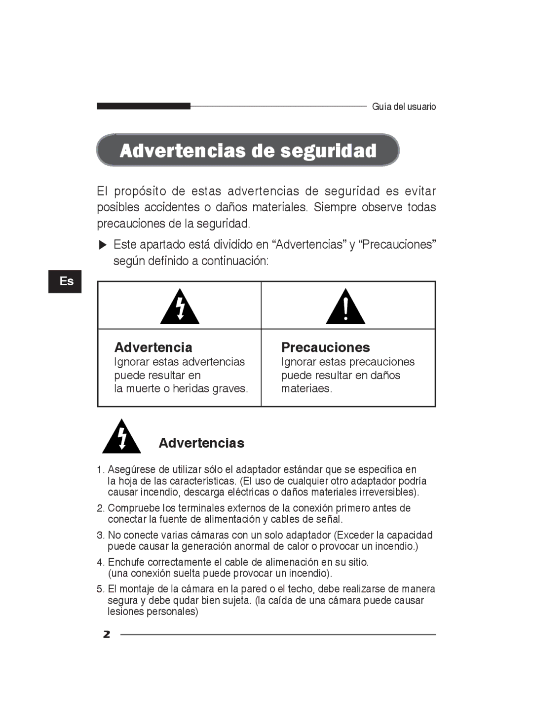 Samsung SCC-B2311N, SCC-B2311P/TRK, SCC-B2011P/TRK manual Advertencias de seguridad 