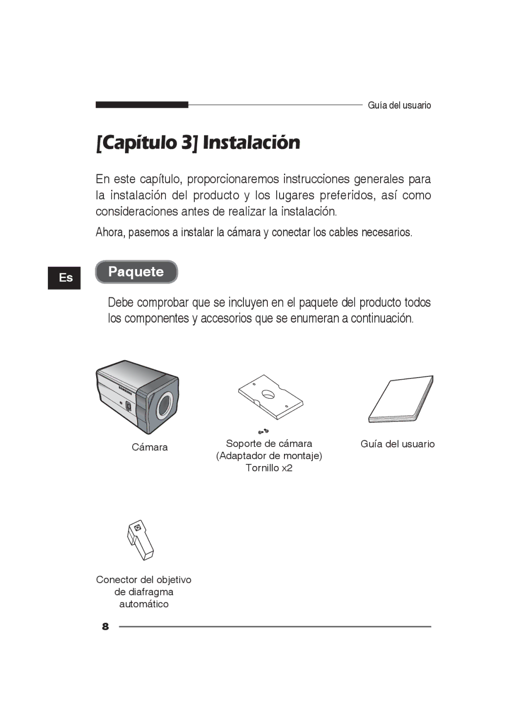 Samsung SCC-B2311N, SCC-B2311P/TRK, SCC-B2011P/TRK manual Capítulo 3 Instalación, Es Paquete 