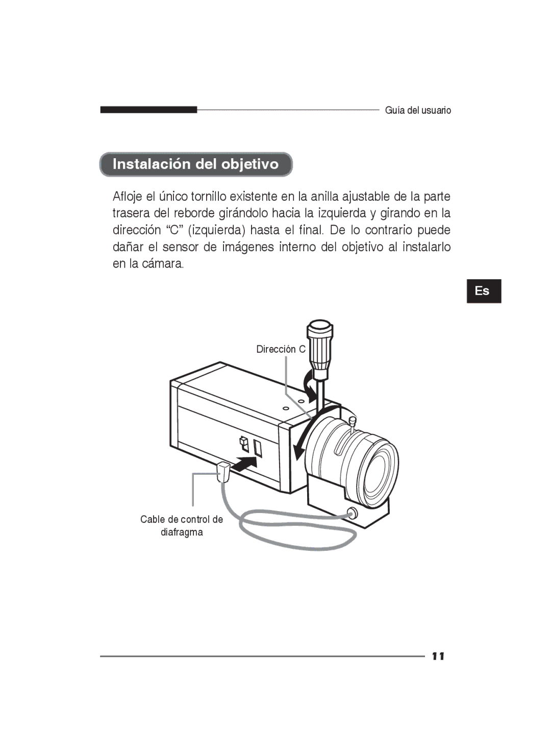 Samsung SCC-B2011P/TRK, SCC-B2311N, SCC-B2311P/TRK manual Instalación del objetivo 