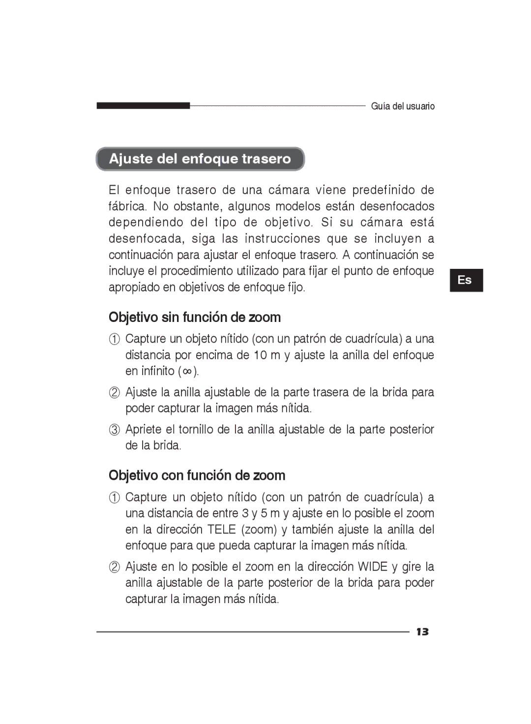 Samsung SCC-B2011P, SCC-B2311P manual Ajuste del enfoque trasero, El enfoque trasero de una cámara viene predefinido de 