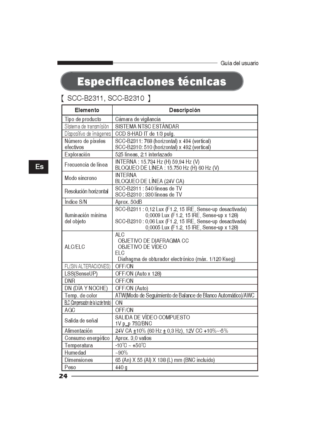 Samsung SCC-B2311N, SCC-B2311P/TRK, SCC-B2011P/TRK manual Especificaciones técnicas 