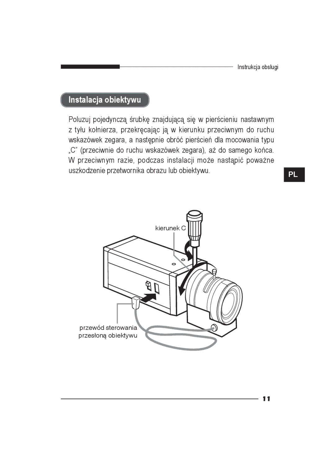 Samsung SCC-B2311N, SCC-B2311P/TRK, SCC-B2011P/TRK manual Instalacja obiektywu 