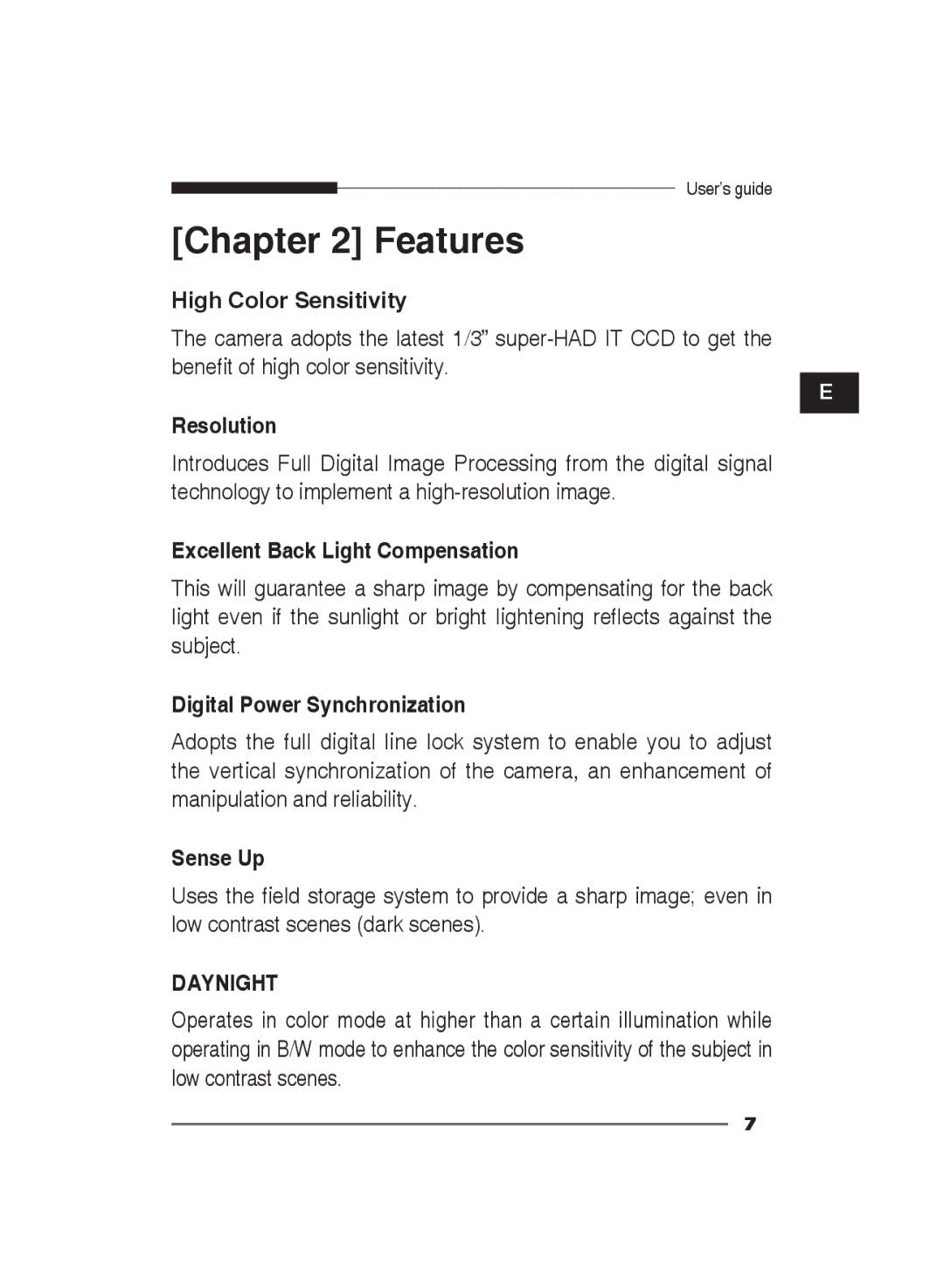 Samsung SCC-B2311N, SCC-B2311P/TRK, SCC-B2011P/TRK manual Features 