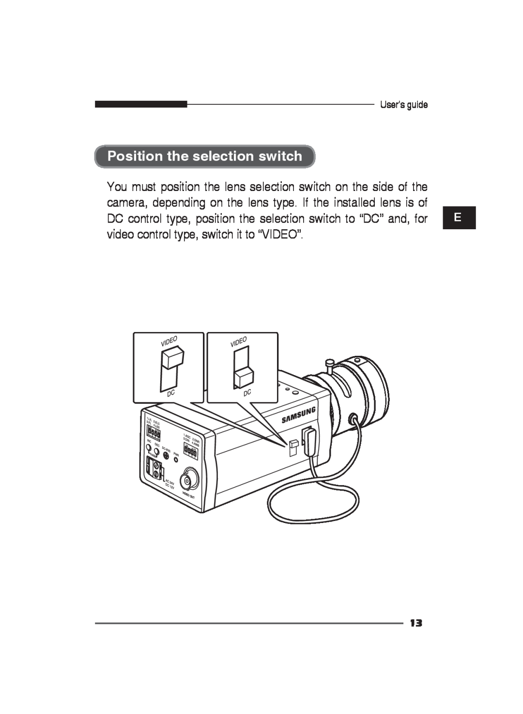 Samsung SCC-B2311P/TRK, SCC-B2311N, SCC-B2011P/TRK manual Position the selection switch 