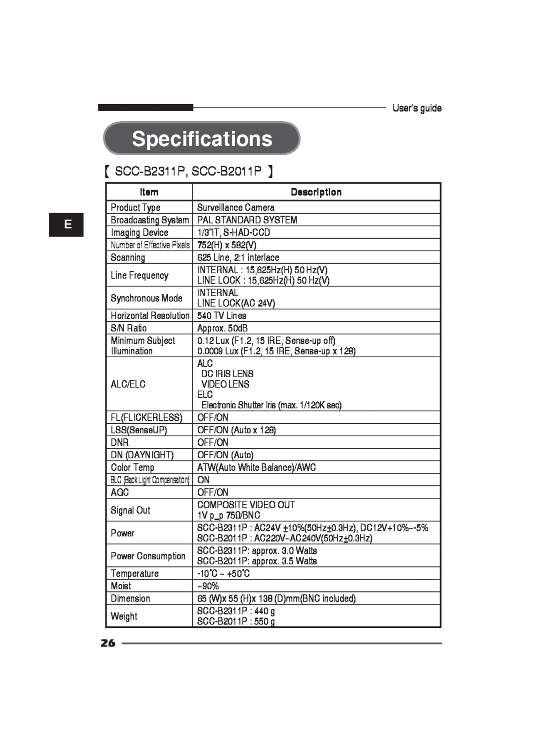 Samsung SCC-B2311N, SCC-B2311P/TRK Specifications, 【 SCC-B2311P, SCC-B2011P 】, Description, Number of Effective Pixels 