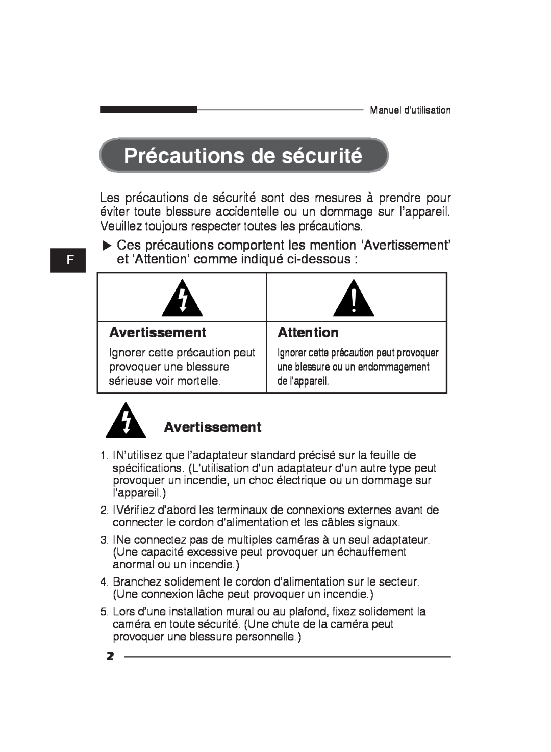 Samsung SCC-B2011P/TRK, SCC-B2311P Précautions de sécurité, Ces précautions comportent les mention ‘Avertissement’ 