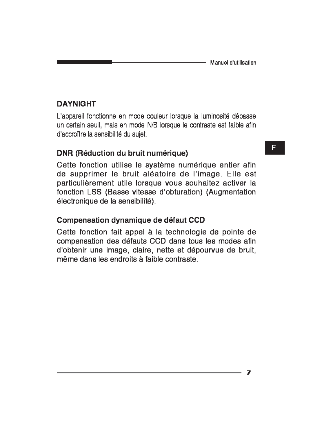 Samsung SCC-B2011P/TRK, SCC-B2311P manual DNR Réduction du bruit numérique, Compensation dynamique de défaut CCD, Daynight 