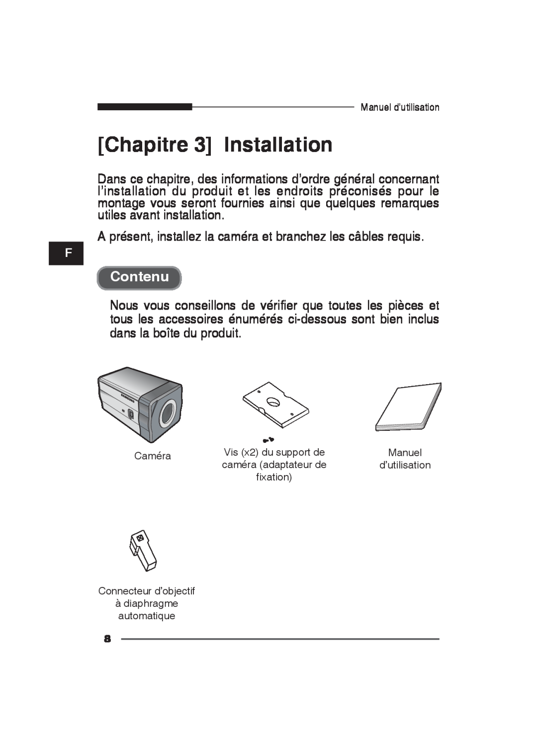 Samsung SCC-B2311N, SCC-B2311P/TRK, SCC-B2011P/TRK manual Chapitre 3 Installation, Contenu 