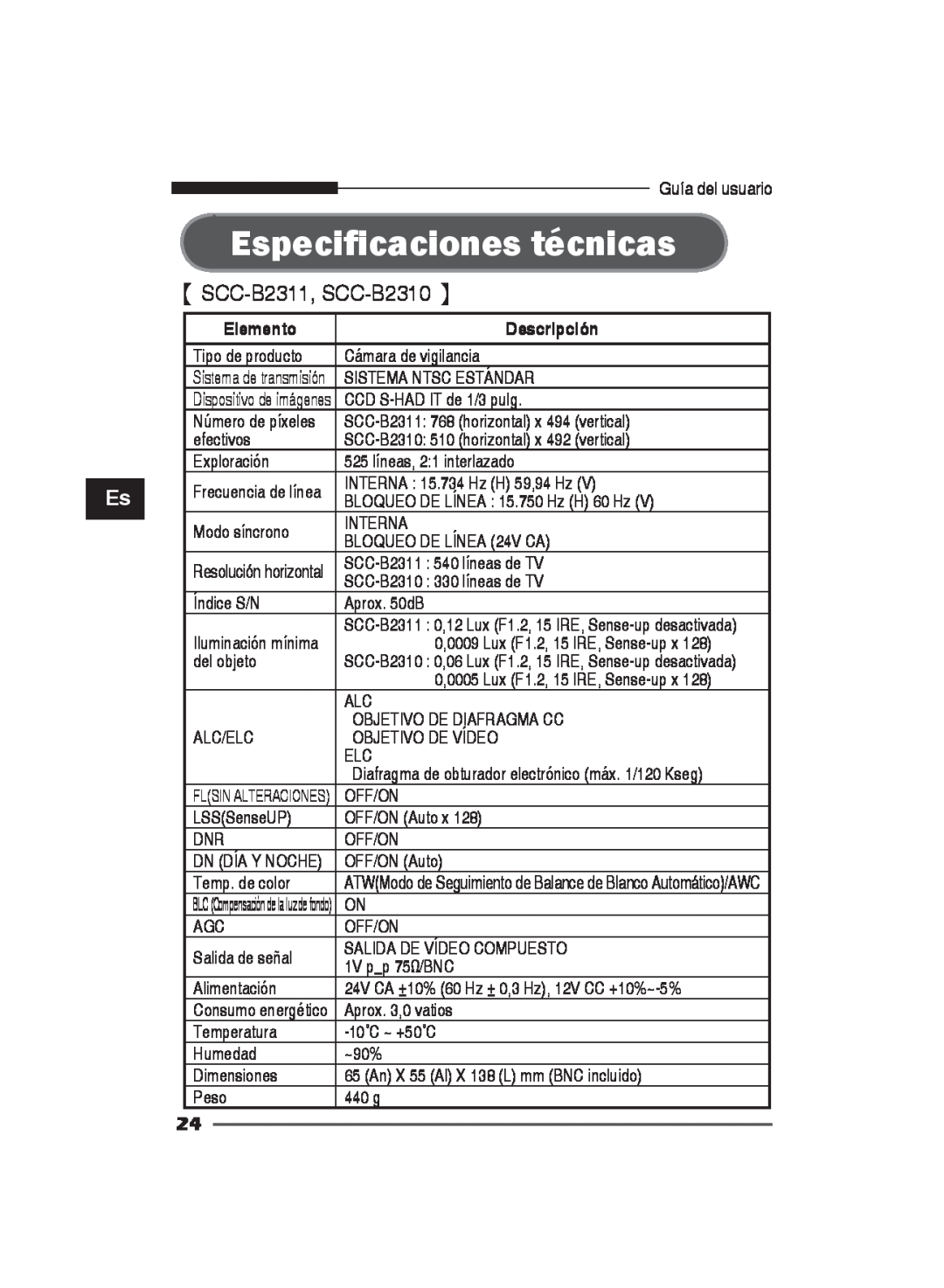Samsung SCC-B2311N, SCC-B2311P/TRK, SCC-B2011P/TRK manual Especificaciones técnicas, Elemento, Descripción 