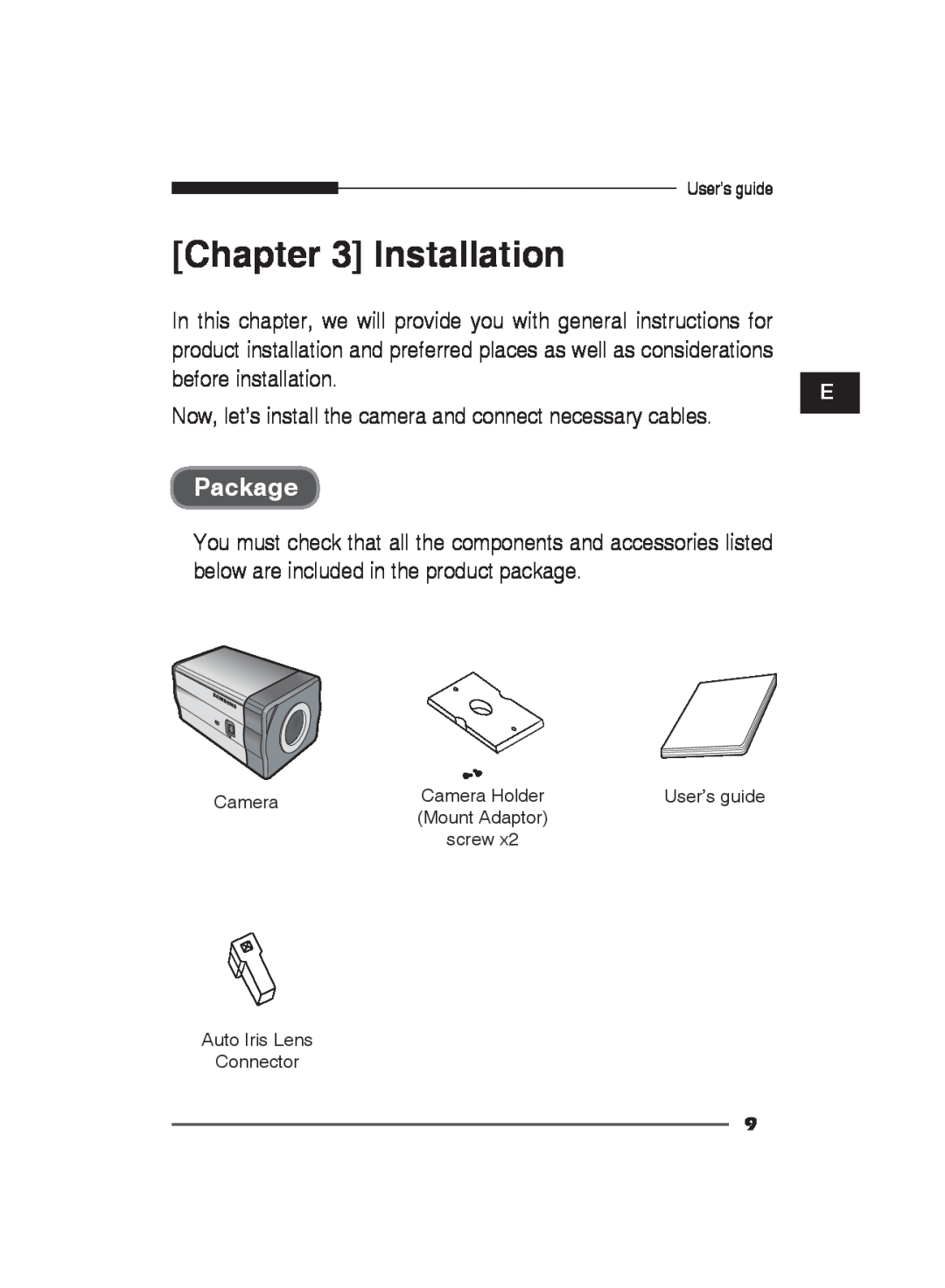 Samsung SCC-B2011P/TRK, SCC-B2311N, SCC-B2311P/TRK manual Installation, Package 