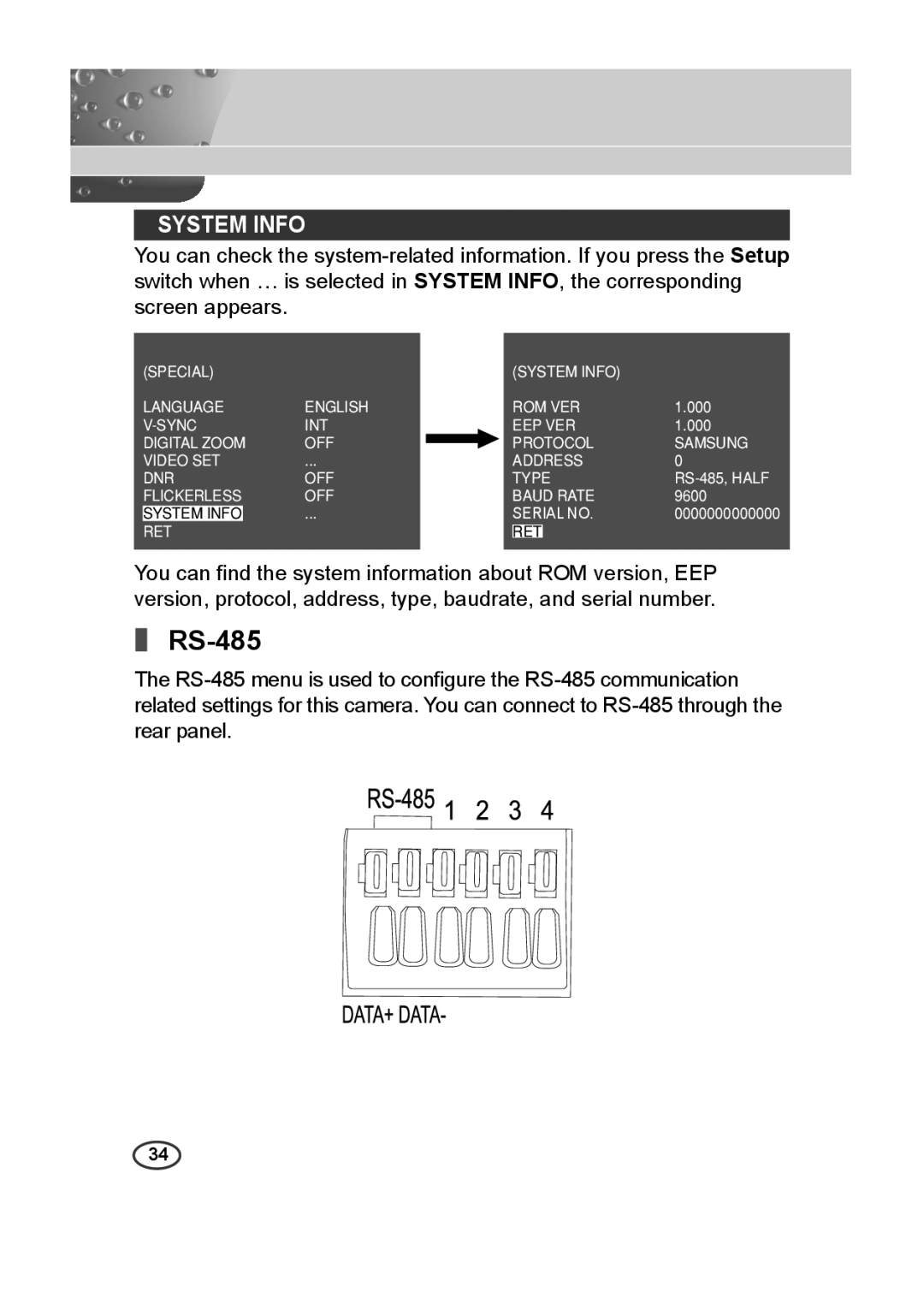 Samsung SCC-B2315 (P), SCC-B2015P user manual RS-485, System Info 