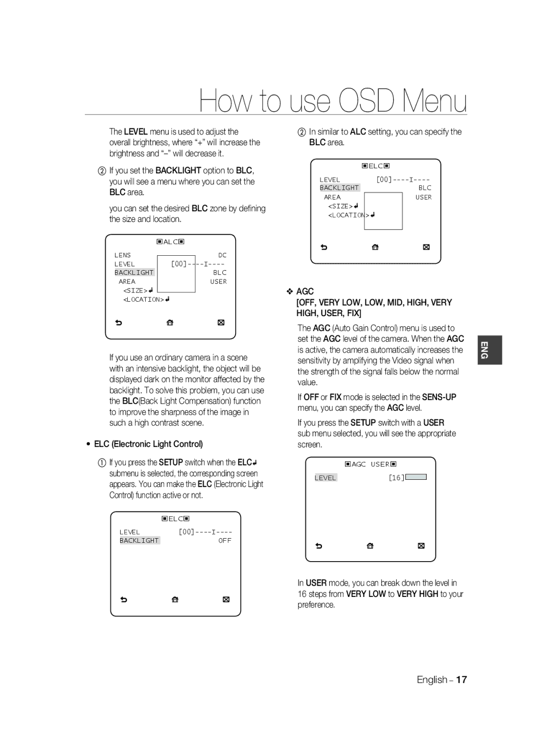 Samsung SCC-B2033P, SCC-B2333(P) user manual AGC OFF, Very LOW, LOW, MID, HIGH, Very HIGH, USER, FIX 